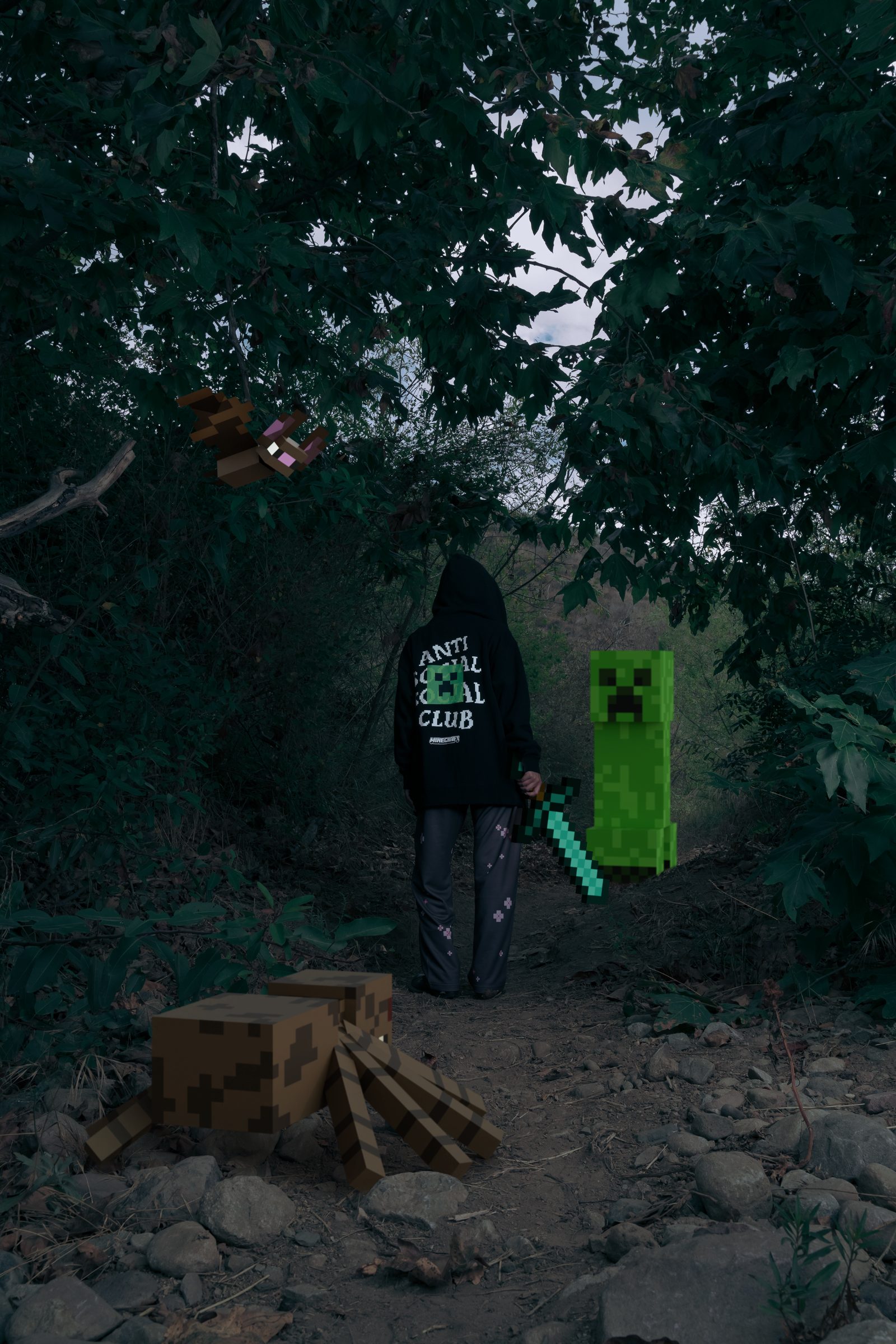 ASSC x Minecraft campaign — hooded figure on a forest trail with a creeper